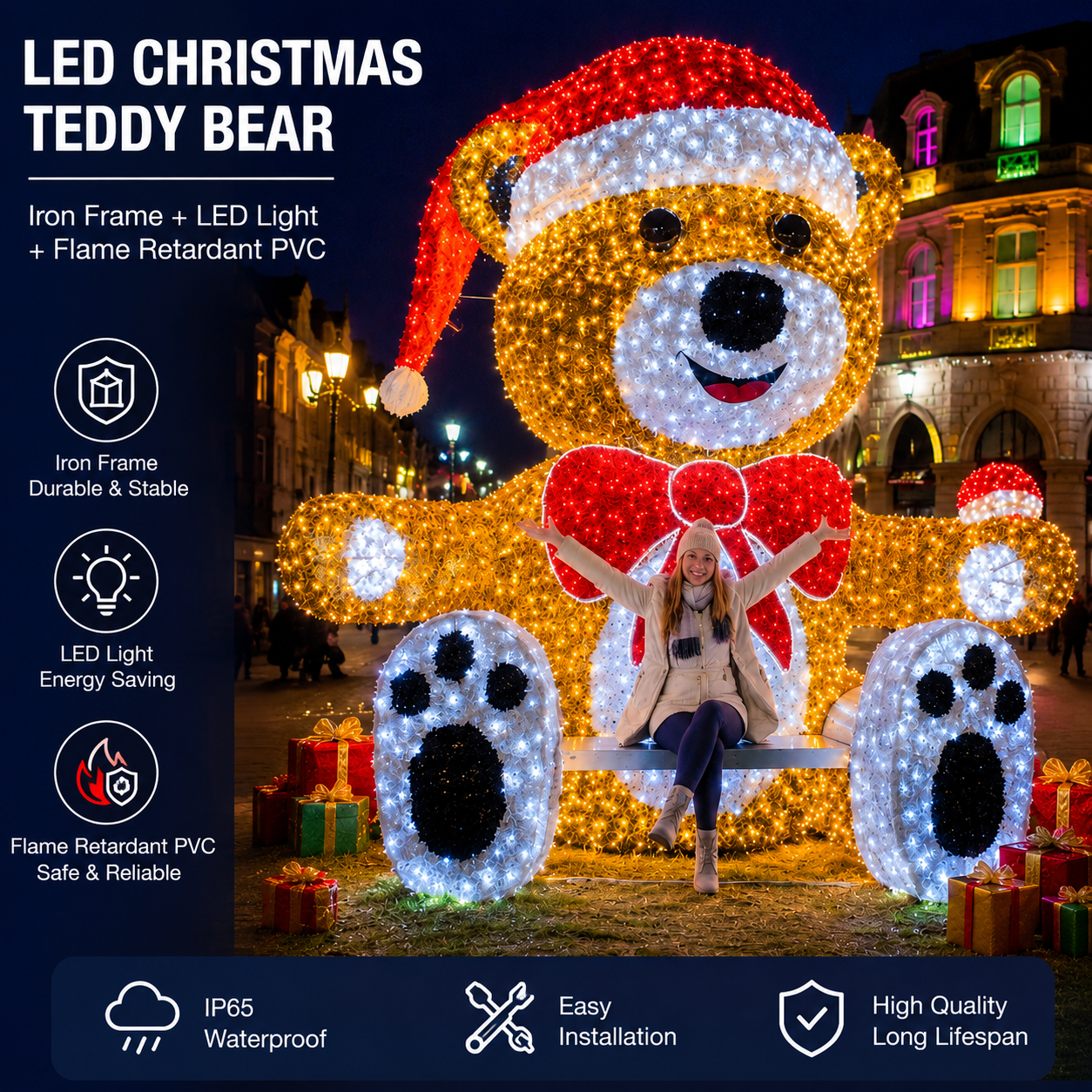 CommercialHolidayLightingSolutions 3D LED Sitting Christmas Bear with Bow Tie | Large Festive Motif Display