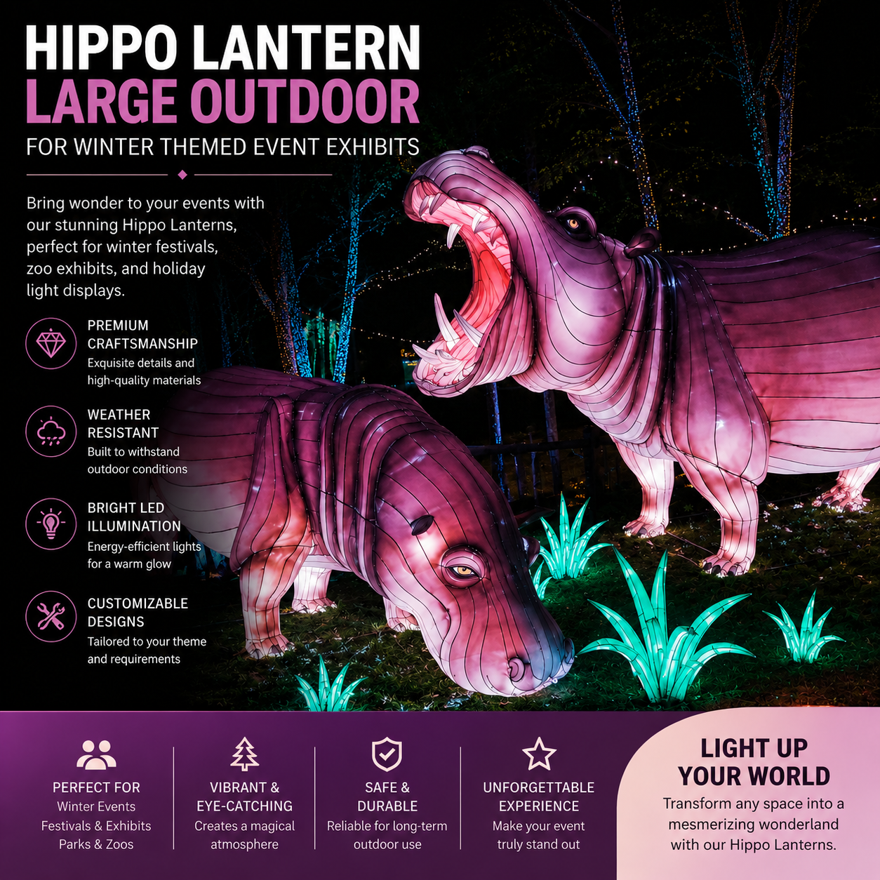 Bespoke Hippo Themed Lanterns | Professional Large-Scale Wildlife Event Lighting