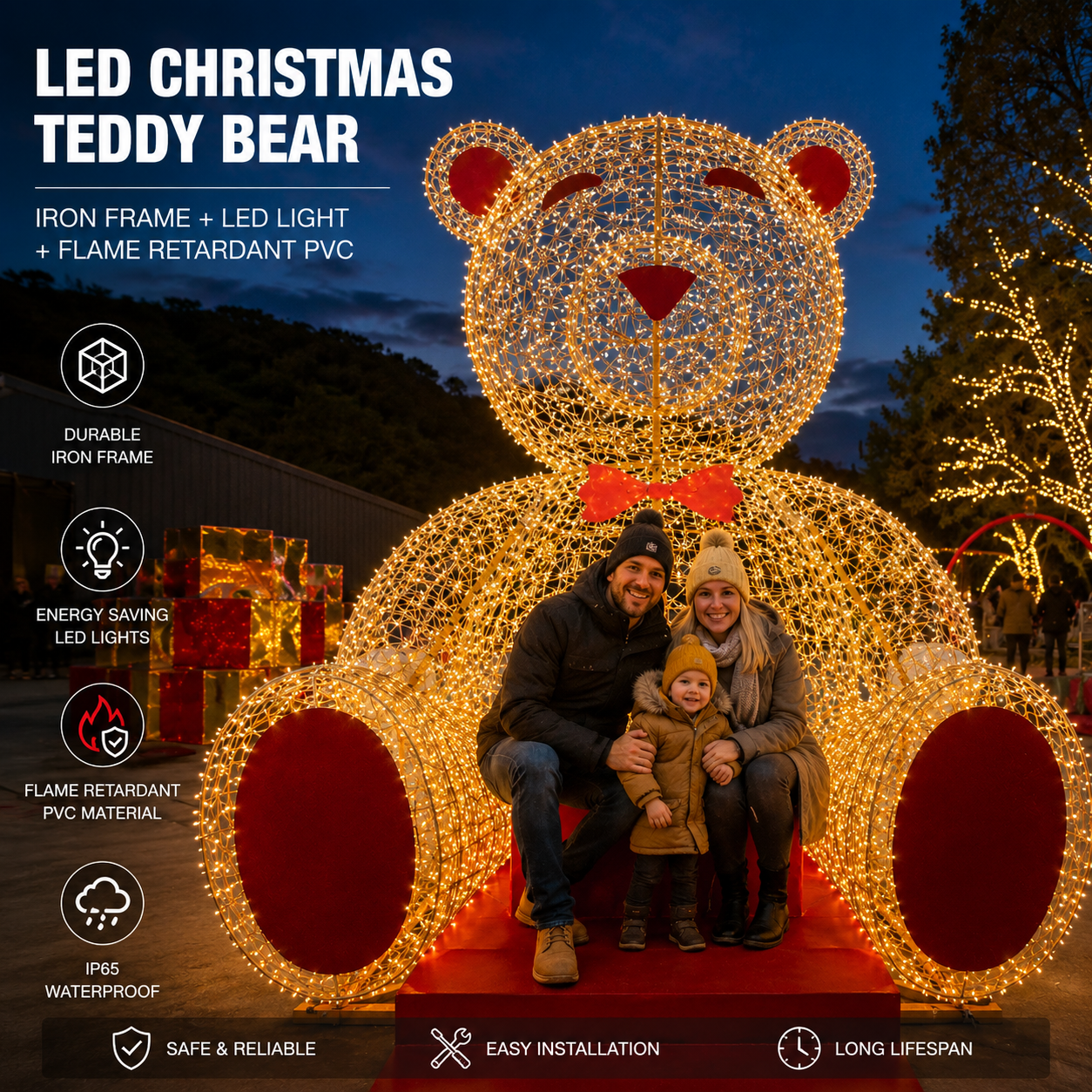 CommercialHoliday Lighting Solutions Interactive 3D LED Giant Bear | Hollow Frame Seating Photo Op Display