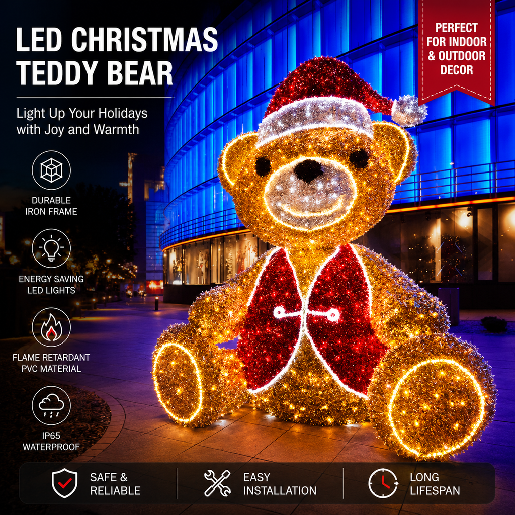 Commercial Holiday Lighting Solutions 3D LED Christmas Bear with Vest | Grand Retail Motif Display