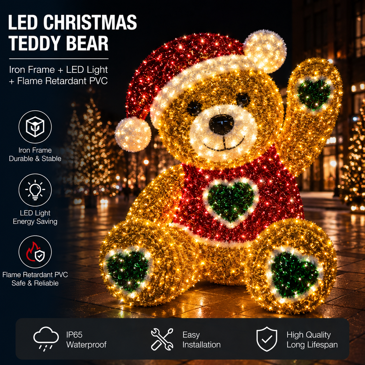 Commercial Holiday Lighting Solutions Waving 3D LED Christmas Bear | Heart Accent Motif Display