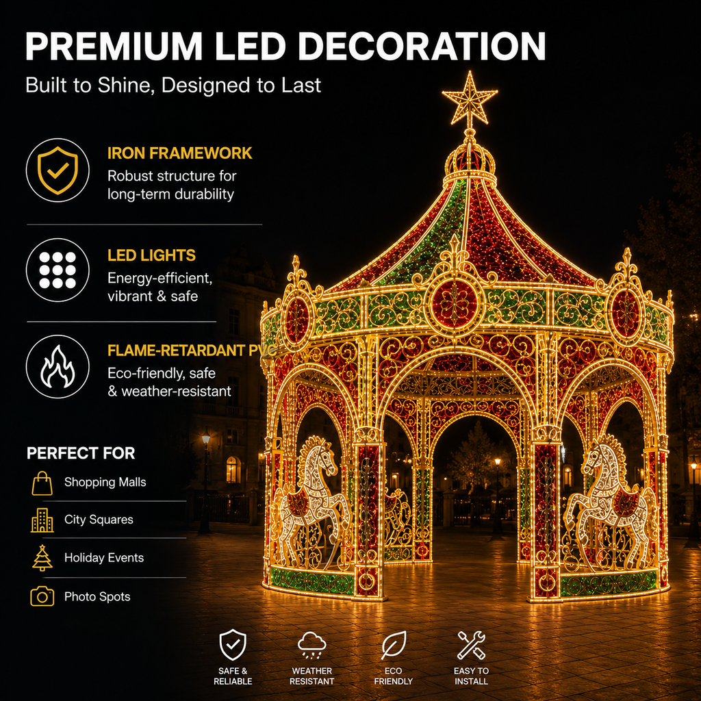 Exhibición Inmersiva Grande de Carrusel LED Transitable para Fotos - Soluciones de Iluminación Comercial Navideña para Centros Comerciales y Distritos Minoristas