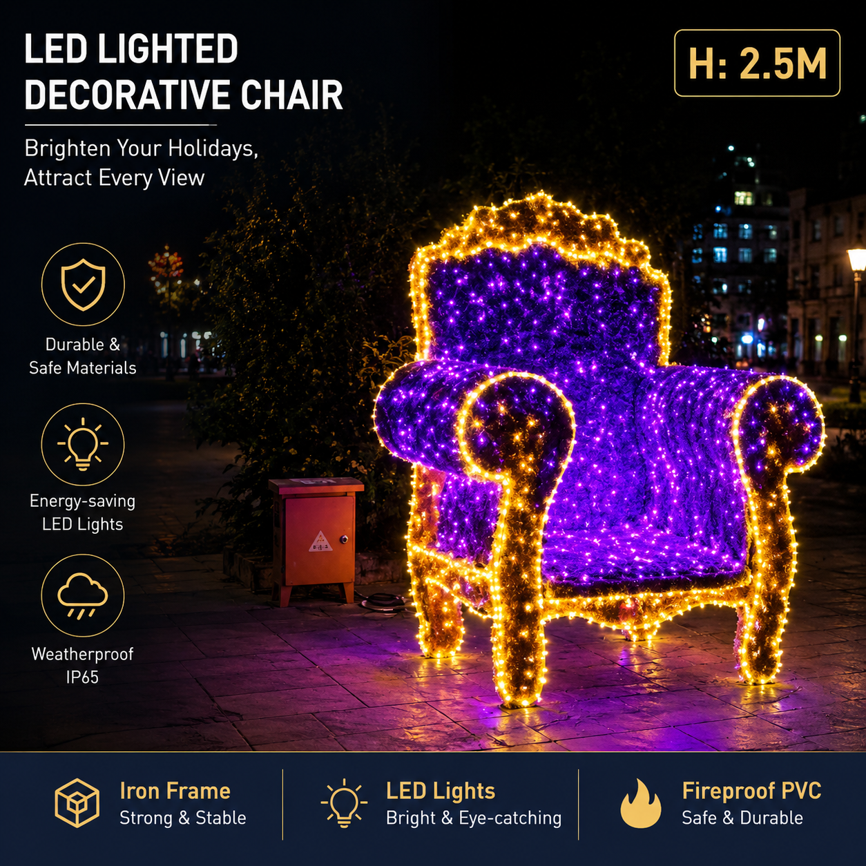 Commercial Holiday Lighting Solutions Giant 3D LED Decorative Chair | Premium 2.5-Meter Royal Throne Plaza Interactive Photo-Op Landmark