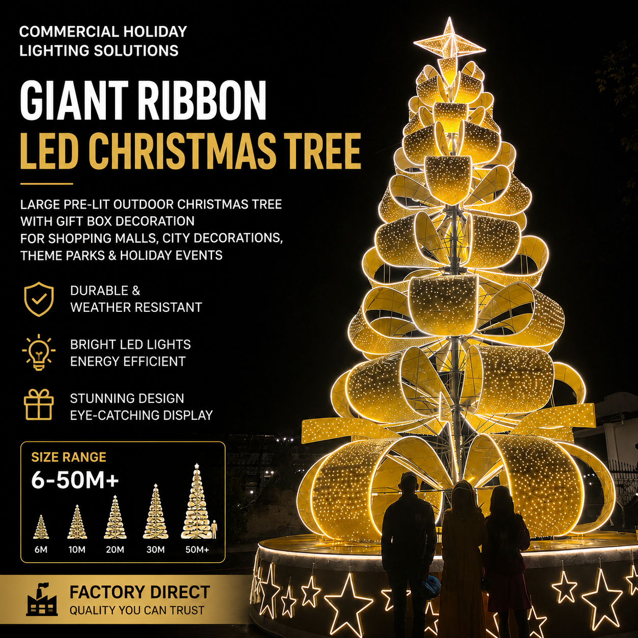 Árbol de Navidad Gigante Comercial con Motivo de Cinta y Luces LED para Exteriores - 6M (20FT) / 10M (33FT) / 15M (50FT) y Tamaños Personalizados