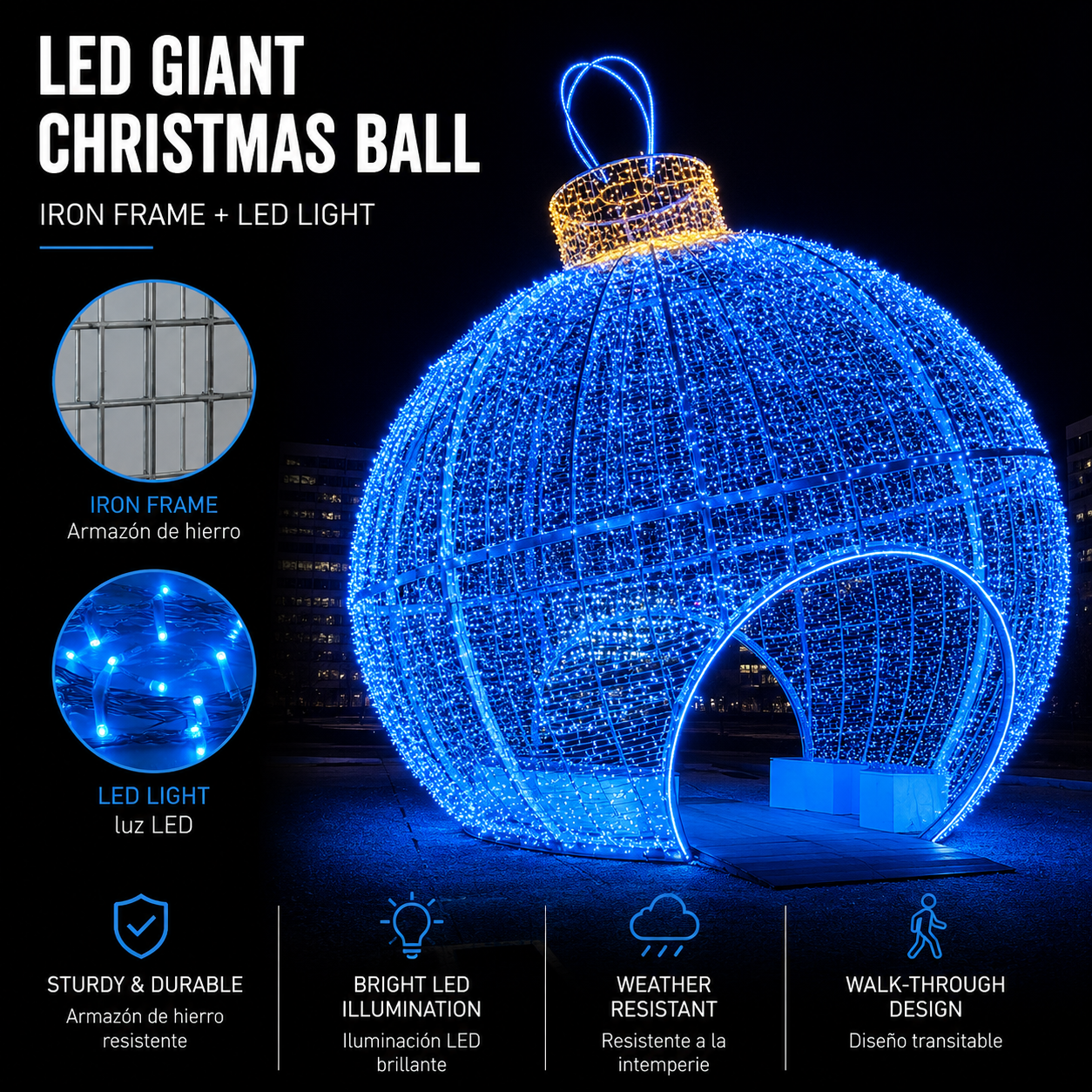 Commercial Holiday Lighting Solutions Walk-Through 3D LED Blue Christmas Ball | Premium Giant Festive Bauble Tunnel Landmark