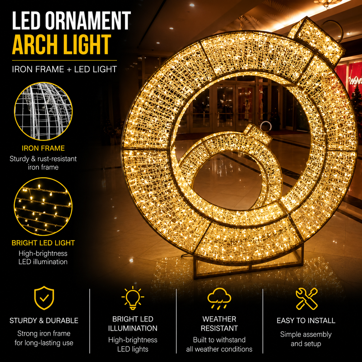 Commercial Holiday Lighting Solutions Walk-Through 3D LED Spiral Ornament Arch | Premium Concentric Bauble Pathway Motif Landmark