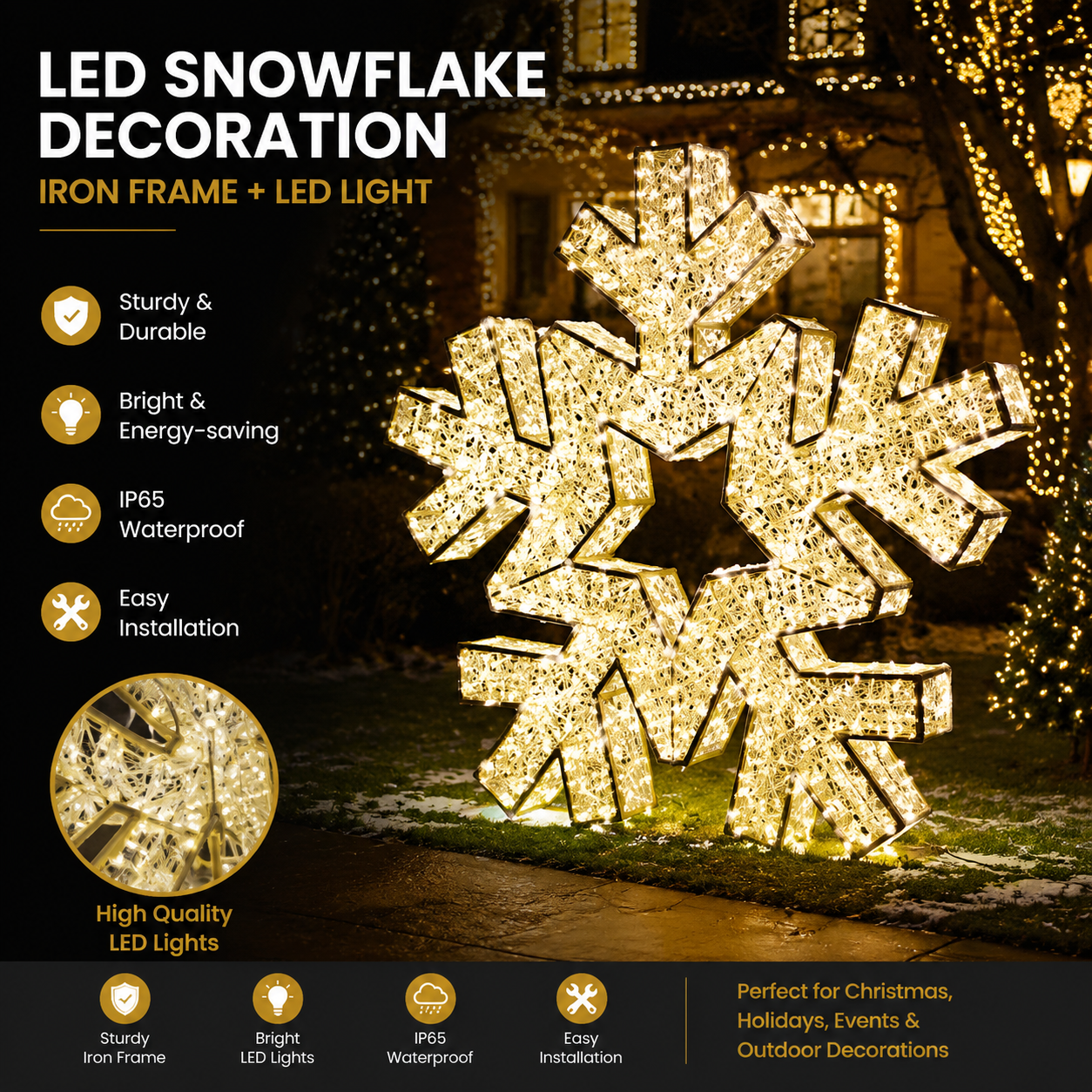 Commercial Holiday Lighting Solutions 3D LED Snowflake Decoration | Premium Golden Crystalline Plaza Landscape Landmark