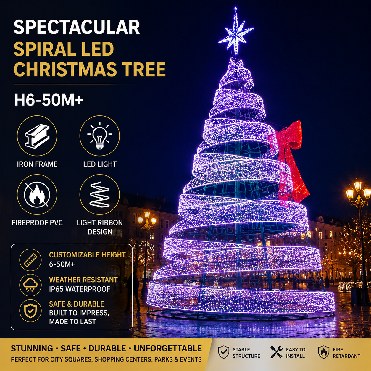 Commercial Holiday Lighting Solutions Spectacular Spiral LED Christmas Tree | Premium 6-50M+ Radiant Ribbon Matrix Luxury Conical Landmark Display