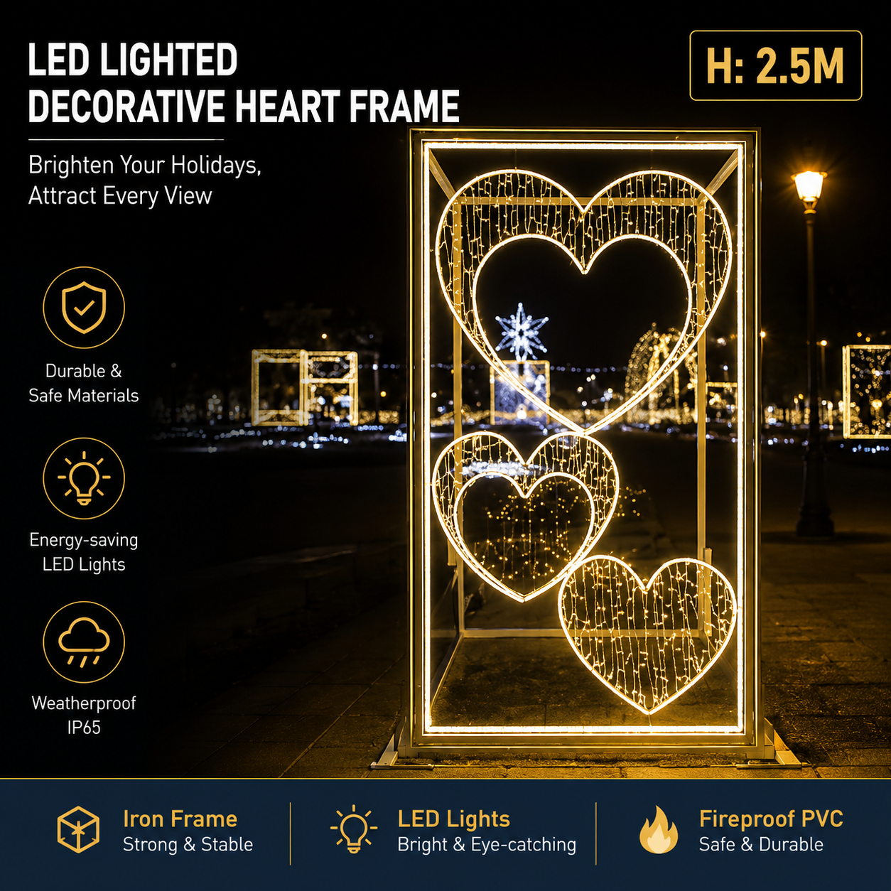 Commercial Holiday Lighting Solutions Giant 3D LED Decorative Heart Frame | Premium 2.5-Meter Romantic Wedding Plaza Interactive Walk-Through Photo-Op Landmark