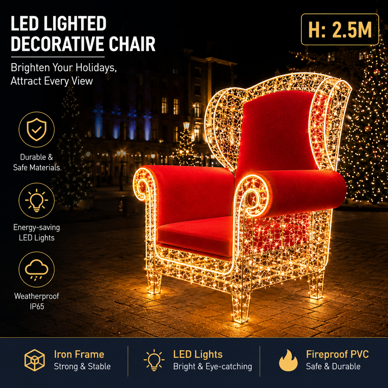 Commercial Holiday Lighting Solutions Giant 3D LED Decorative Chair | Premium 2.5-Meter Vintage Wingback Armchair Plaza Interactive Photo-Op Landmark