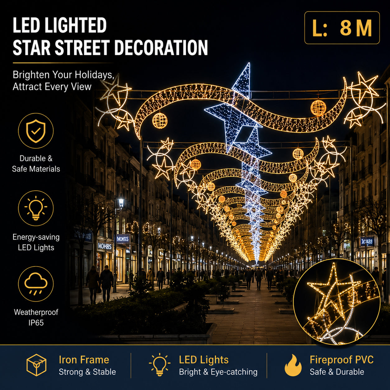 Commercial Holiday Lighting Solutions Giant LED Cross-Street Motif | Premium 8-Meter Celestial Comet Canopy Sky Festival Over-the-Road Architectural Garland Illumination