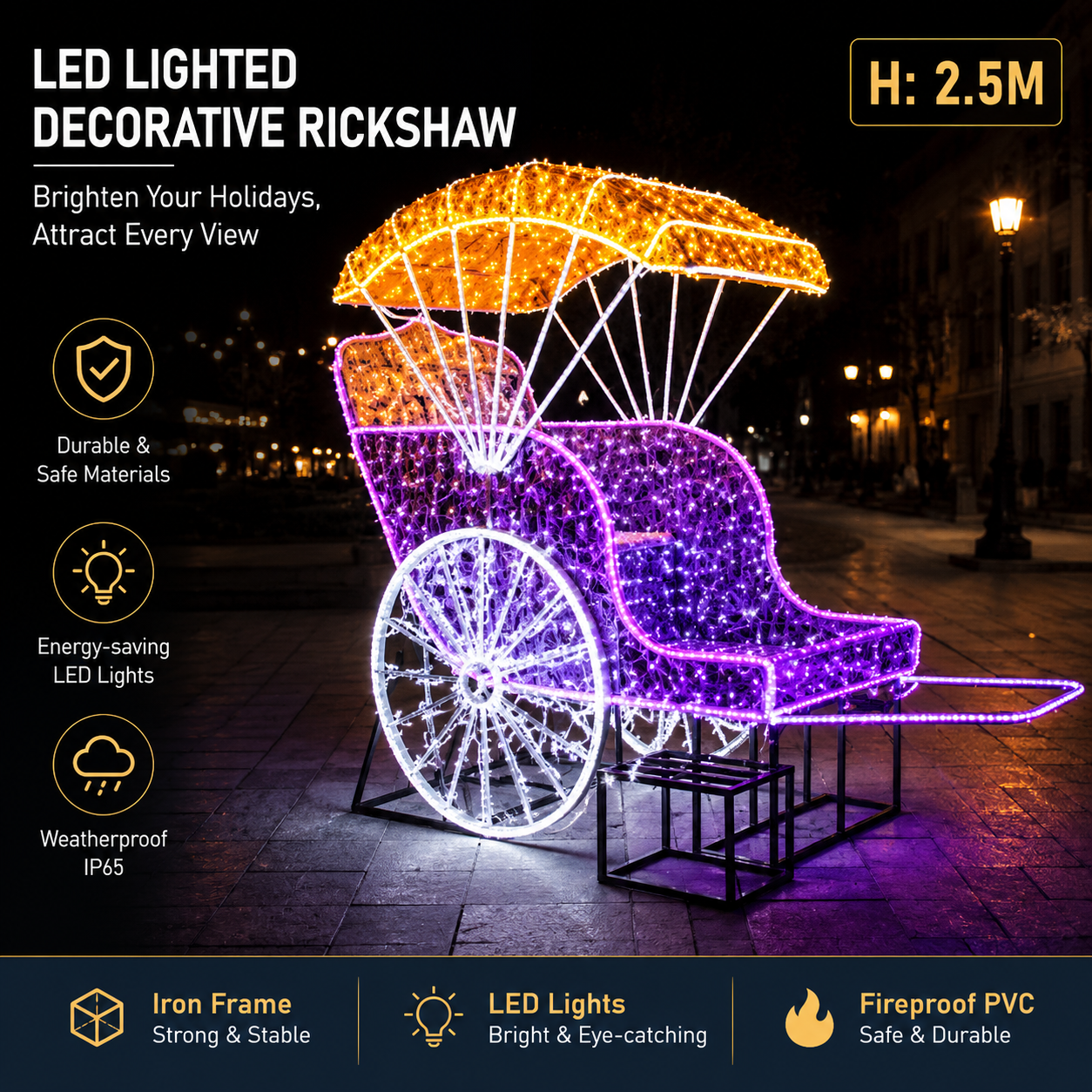 Commercial Holiday Lighting Solutions Giant 3D LED Decorative Rickshaw | Premium 2.5-Meter Festive Carriage Plaza Interactive Photo-Op Landmark