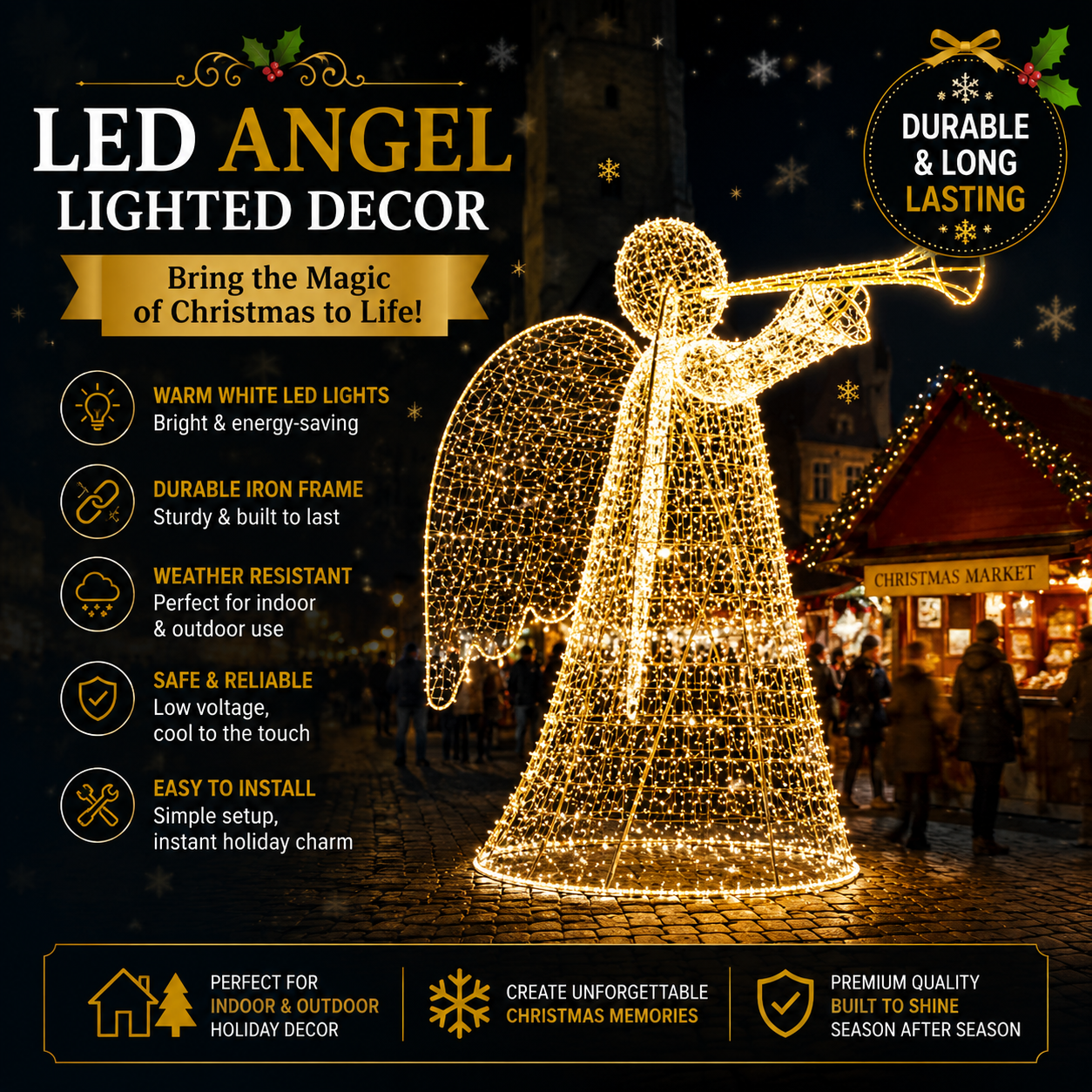 Commercial Holiday Lighting Solutions 3D LED Illuminated Golden Angel | Premium Outdoor Trumpeting Angel Motif Display