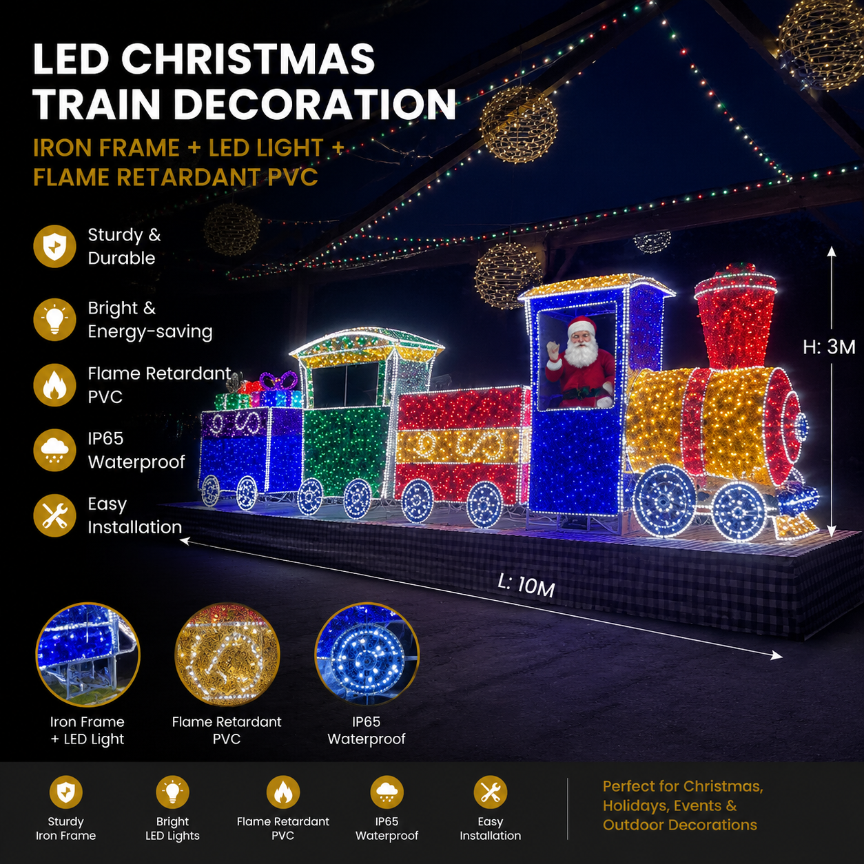 Commercial Holiday Lighting Solutions Giant 3D LED Christmas Train Sculpture | Premium 10-Meter Immersive Express Plaza Landscape Landmark