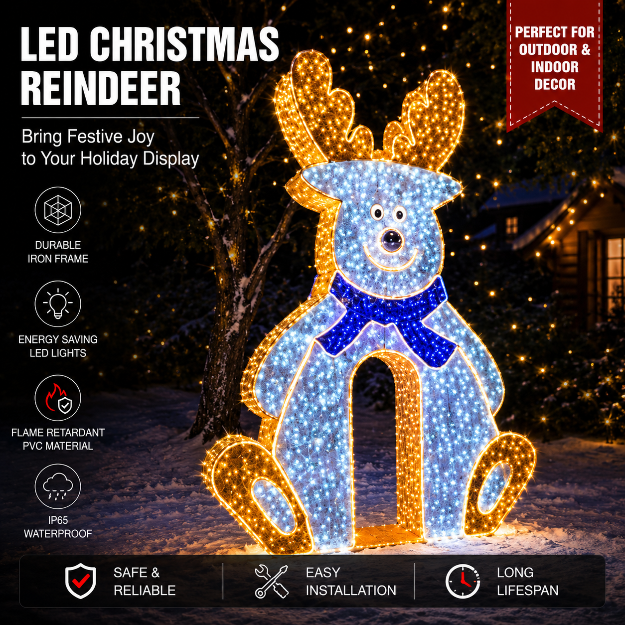 CommercialHolidayLightingSolutions Walk-Through 3D LED Christmas Reindeer | Hollow Frame Photo Op Display