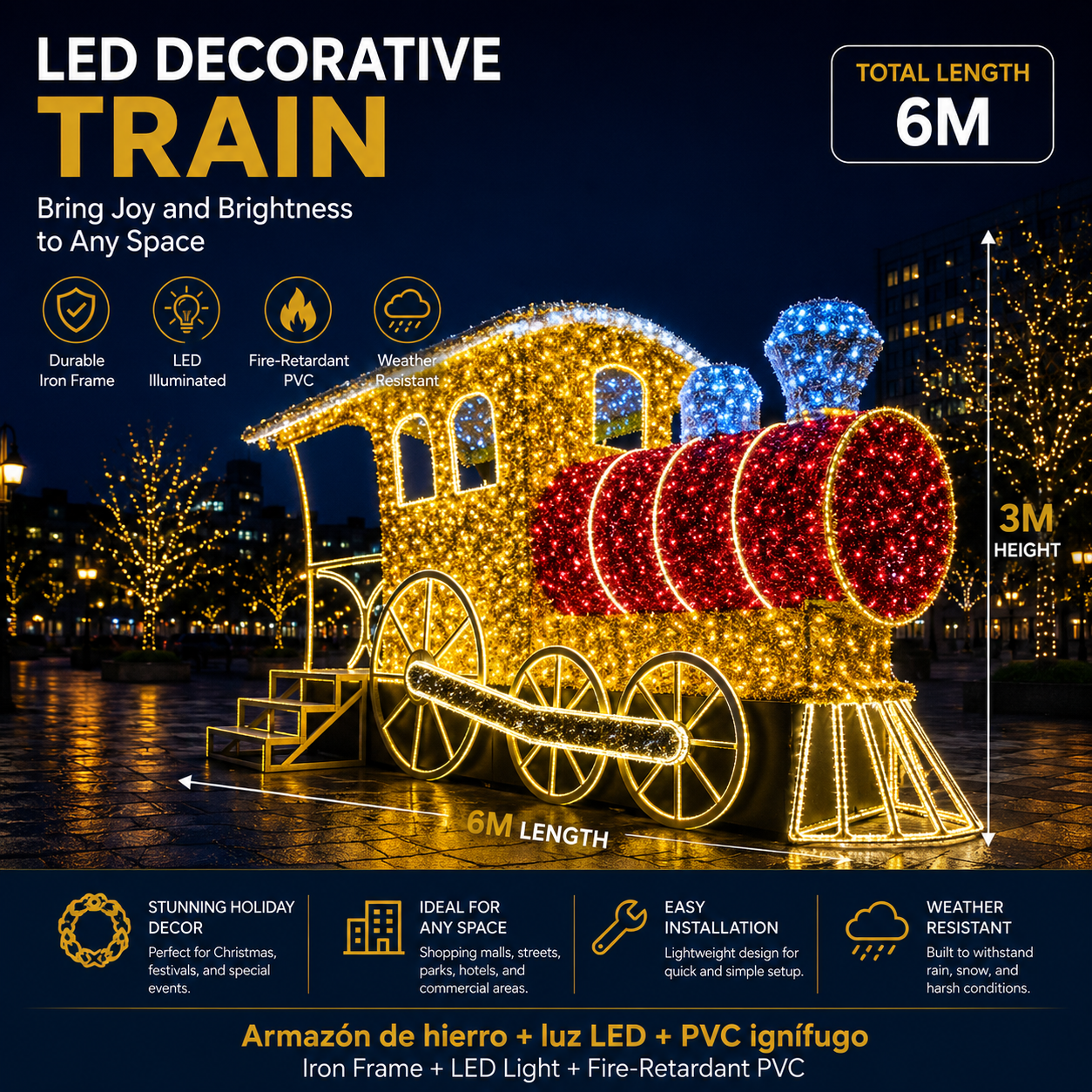 Commercial Holiday Lighting Solutions Giant 3D LED Decorative Train Display | Premium 6-Meter Classic Gold & Crimson Express Plaza Landscape Landmark