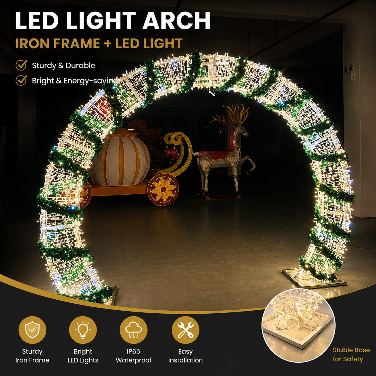 Commercial Holiday Lighting Solutions Walk-Through 3D LED Garland Arch | Premium Bright White Circular Promenade Botanical Light Canopy