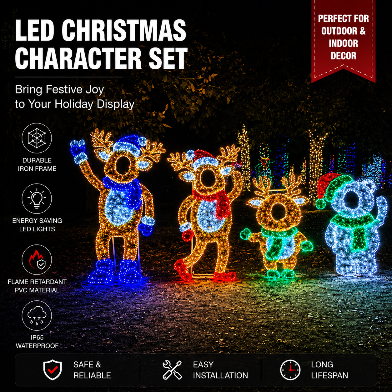 Commercial Holiday Lighting Solutions 3D LED Gingerbread Couple & Candy Cane | Large Festive Motif Display Set