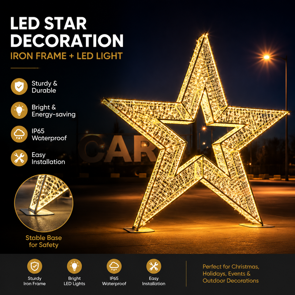 Commercial Holiday Lighting Solutions 3D LED Star Arch -Style 6 | Premium Golden Nested Five-Point Walk-Through Celestial Landmark
