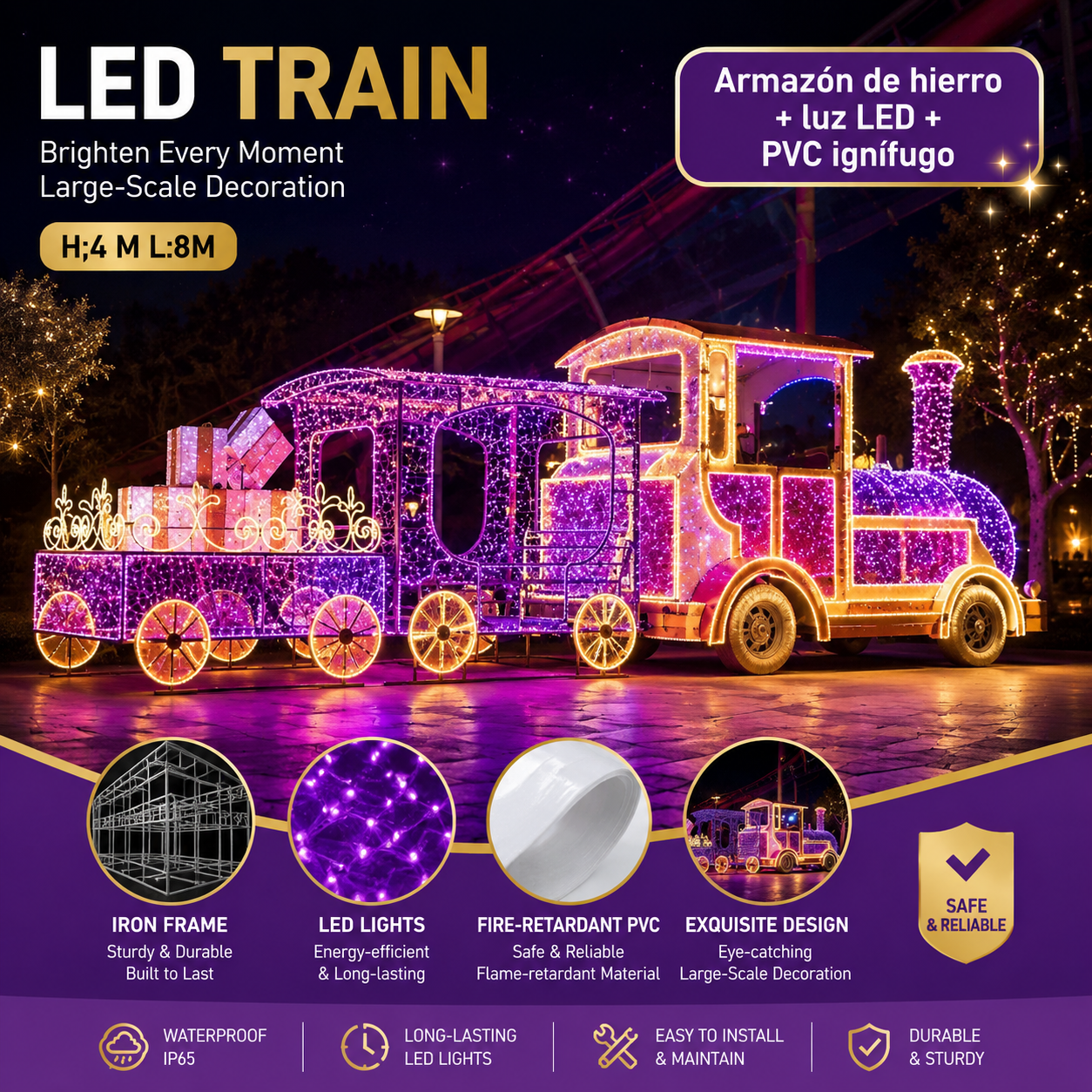 Commercial Holiday Lighting Solutions Giant 3D LED Decorative Train Display | Premium 8-Meter Radiant Amethyst Wonderland Plaza Landscape Landmark