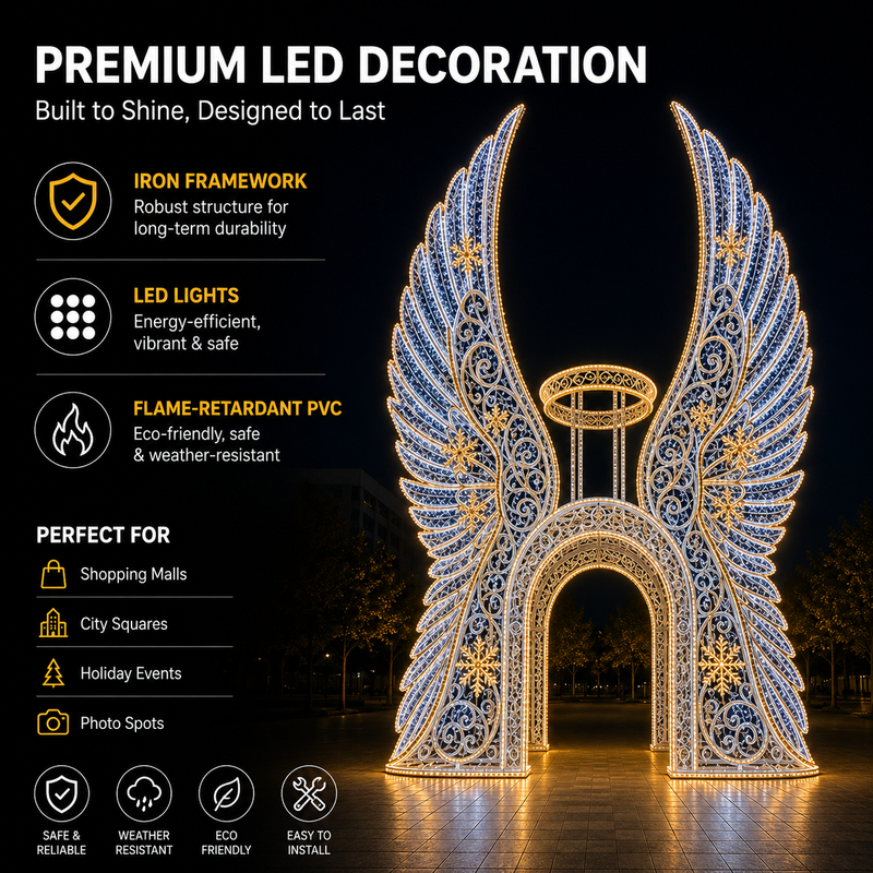 4m 5m 6m Commercial Walk-Through Angel Wings | Giant Outdoor 3D Halo Pavilion Light for City Holiday Displays