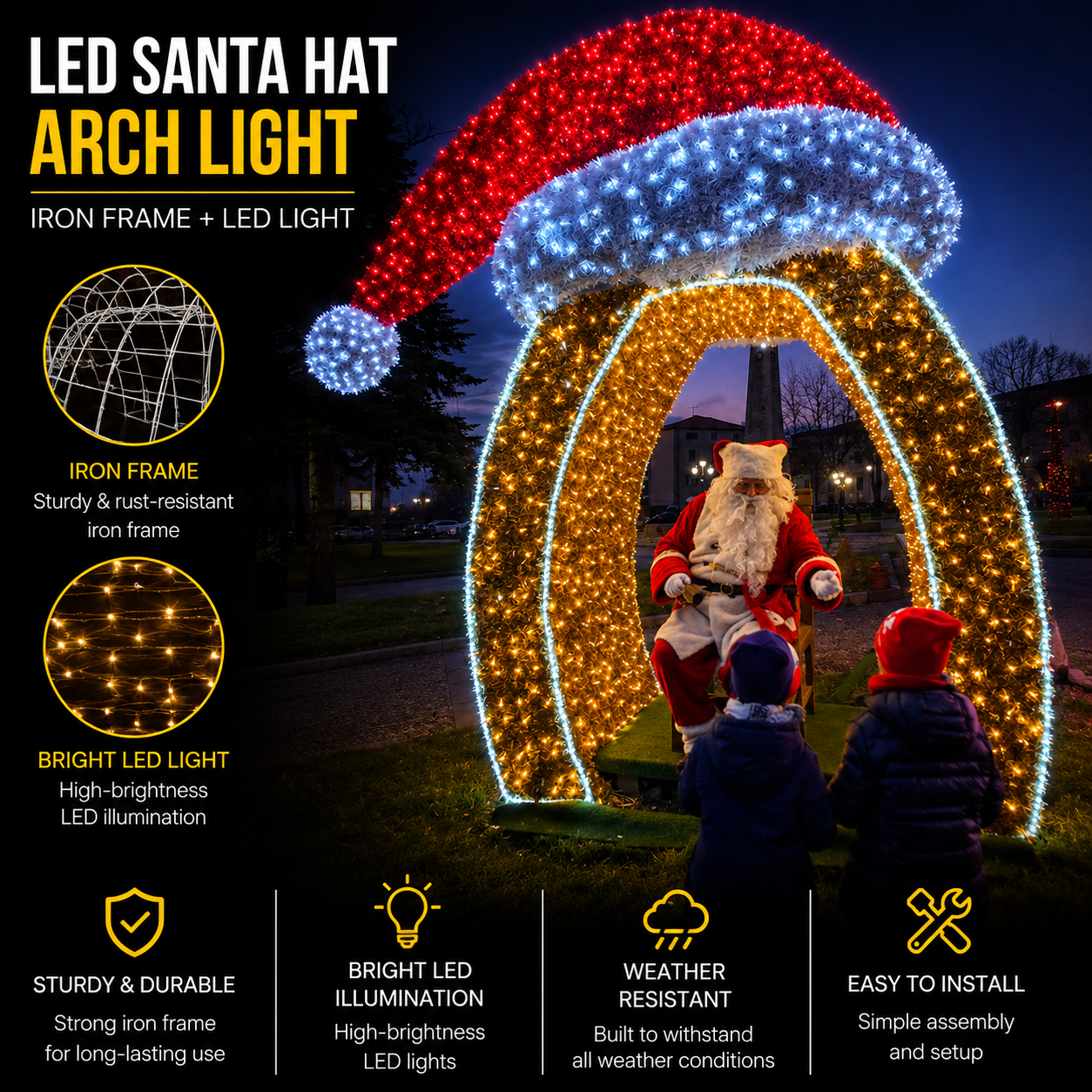 Commercial Holiday Lighting Solutions Walk-Through 3D LED Santa Hat Arch Light | Premium Festive Christmas Cap Grotto Gateway Landmark