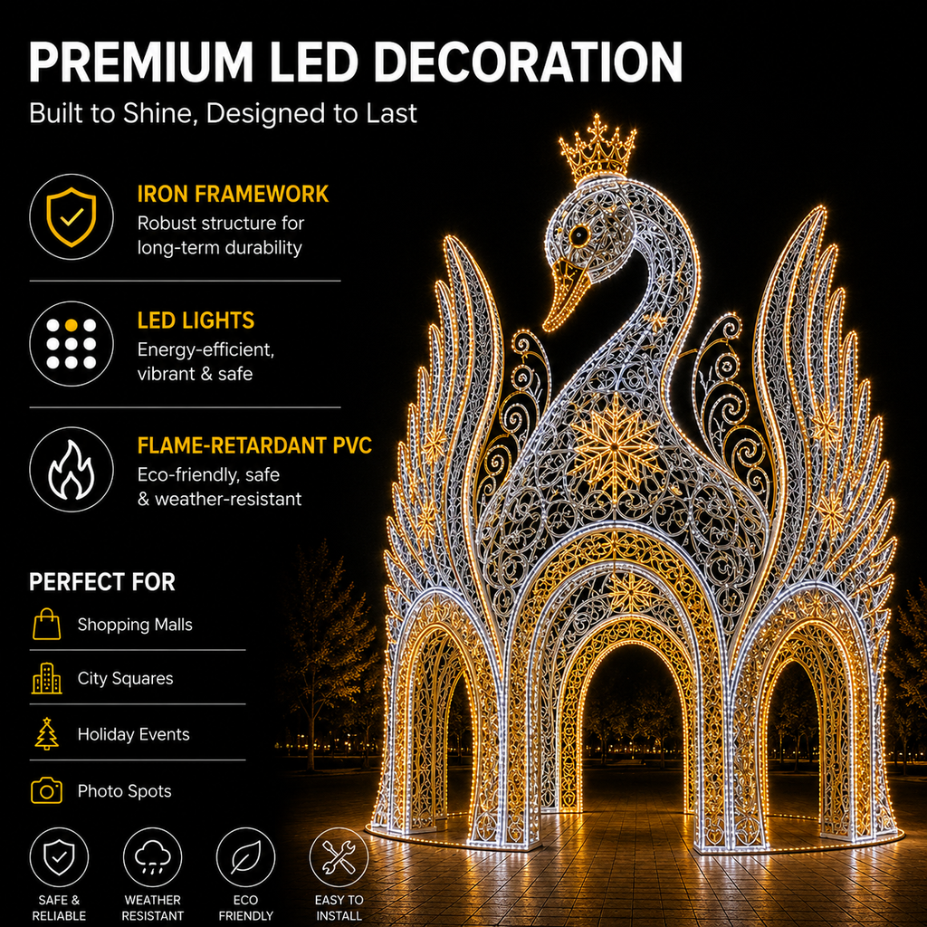 Nuevos adornos navideños grandes para exteriores comerciales, enorme arco de luces LED de cisne real, princesa, grande para exteriores