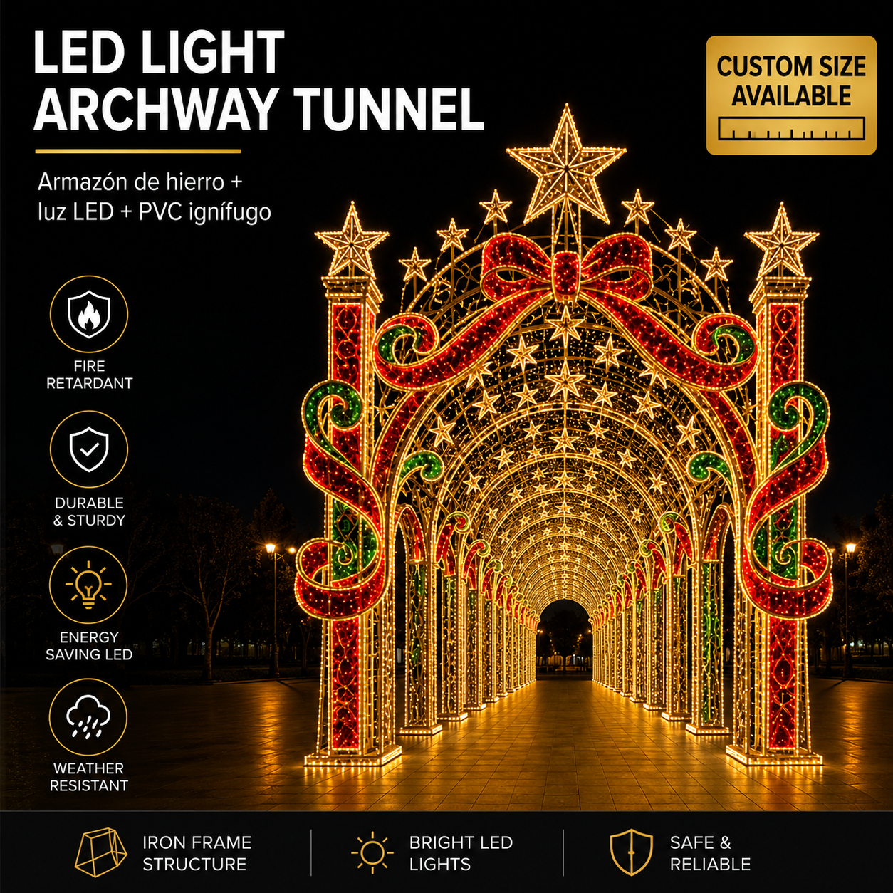 5m 10m 20m Commercial LED Light Tunnel | Giant Outdoor Christmas Arch Walkway Project with Star Motifs for City Holiday Displays