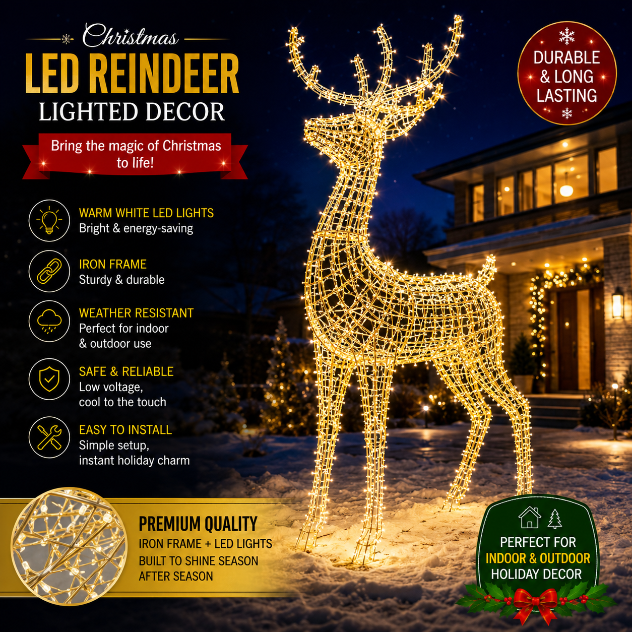 Commercial Holiday Lighting Solutions 3D LED Imperial Noble Stag | Premium Outdoor Standing Reindeer Display