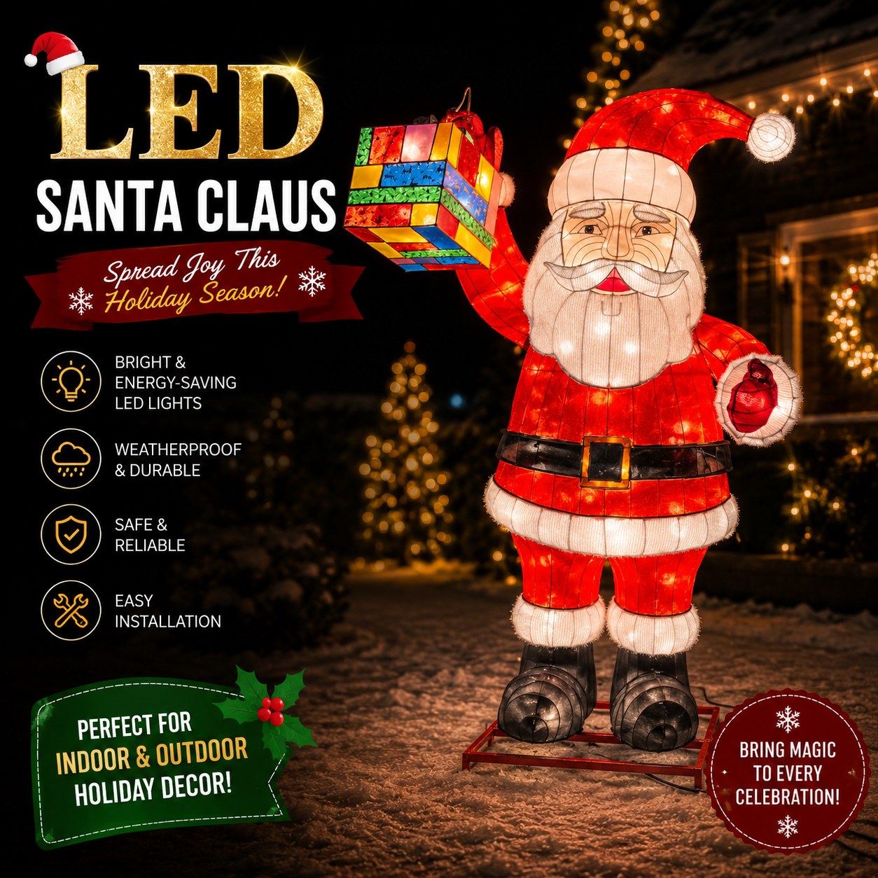 Commercial Holiday Lighting Solutions 3D LED Santa Claus with Colorful Gift Box | Large Silk Motif Display