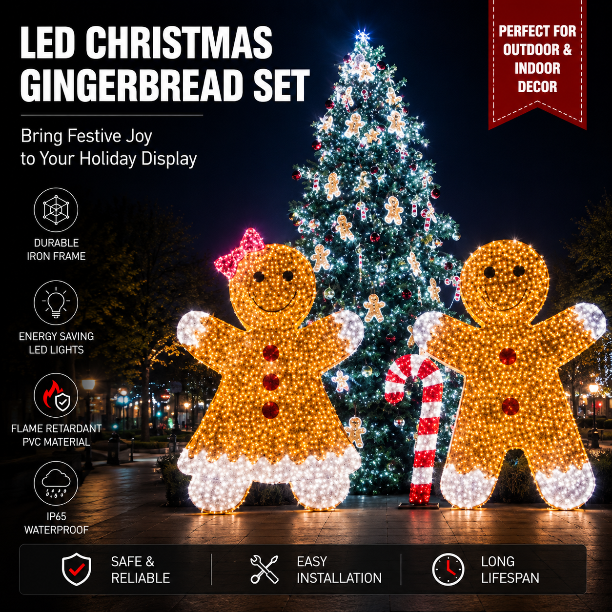 Commercial Holiday Lighting Solutions 3D LED Gingerbread Couple & Candy Cane | Large Festive Motif Display Set