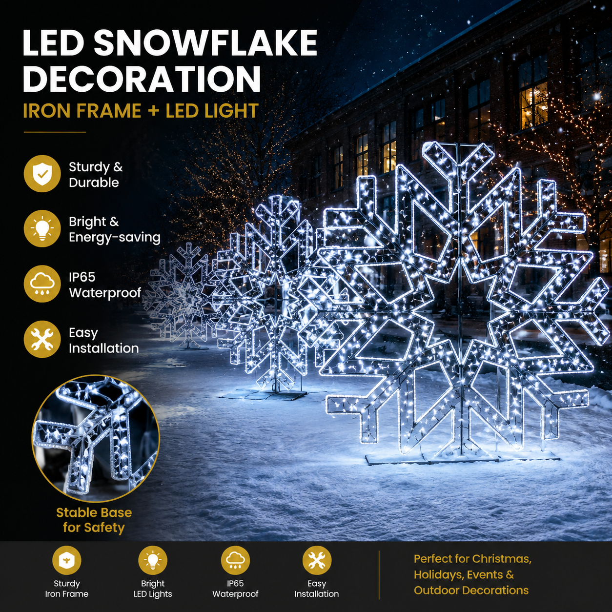 Commercial Holiday Lighting Solutions 3D LED Snowflake Cluster Display | Premium White Multi-Piece Winter Landscape Promenade Motif
