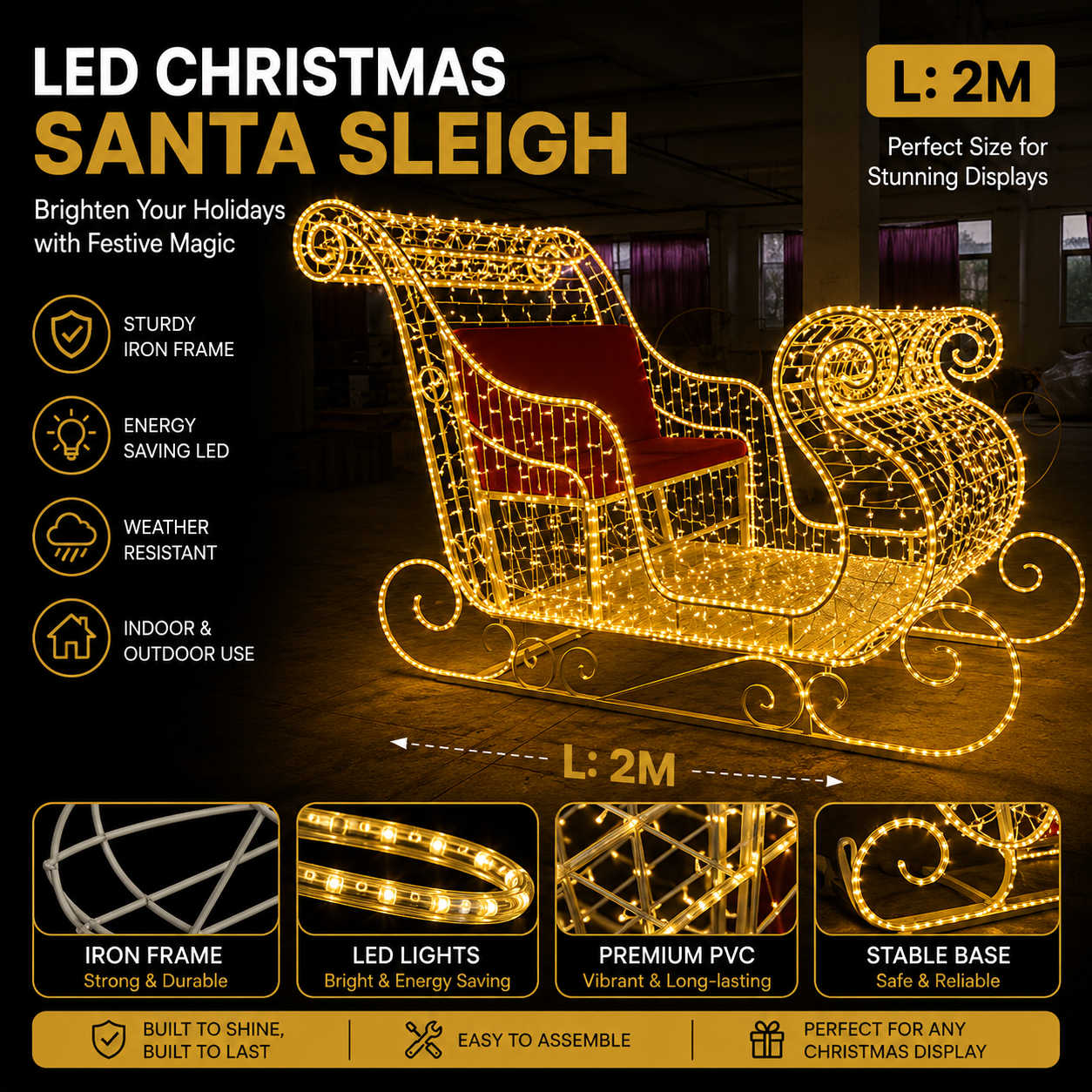 Commercial Holiday Lighting Solutions 3D LED Santa Sleigh | Premium Outdoor Interactive Wire Frame Motif Display