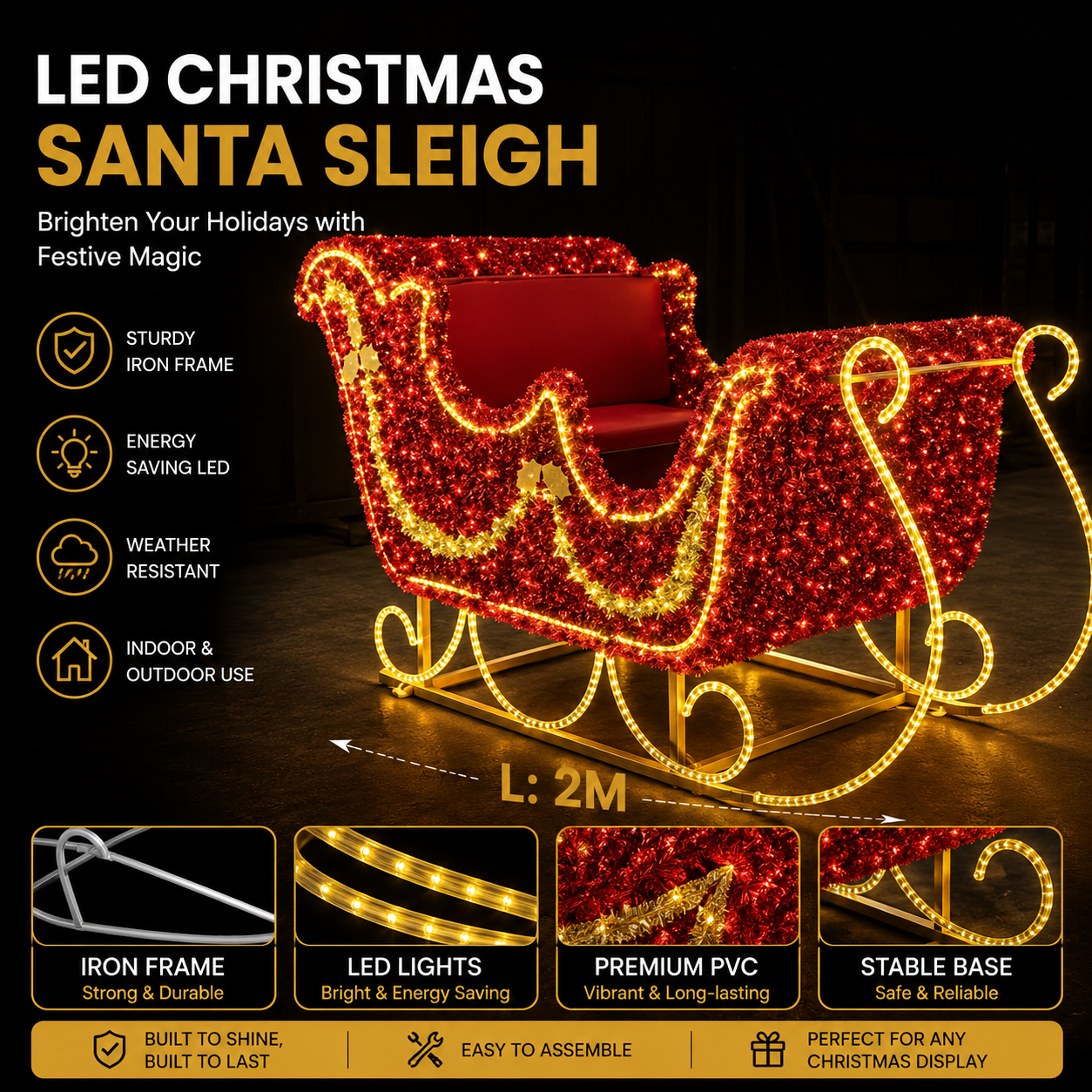 CommercialHolidayLightingSolutions 3D LED Santa Sleigh | Premium Outdoor Interactive Tinsel Motif Display