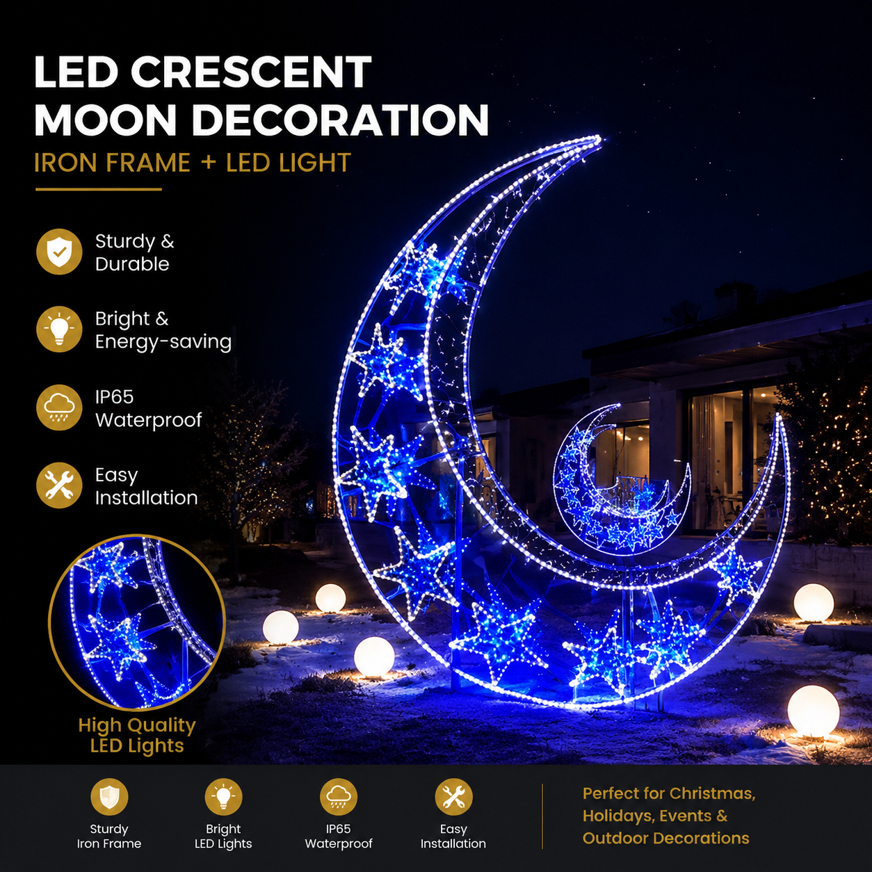 Commercial Holiday Lighting Solutions 3D LED Crescent Moon Decoration | Style B: Premium Blue & White Star-Filled Celestial Landmark