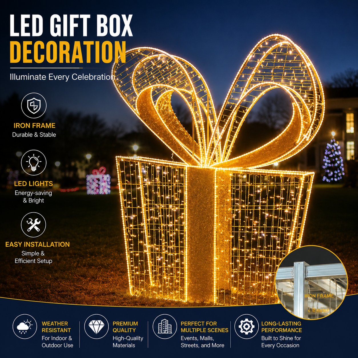 Commercial Holiday Lighting Solutions 3D LED Radiant Gold Gift Box | Premium Giant Present Motif Display