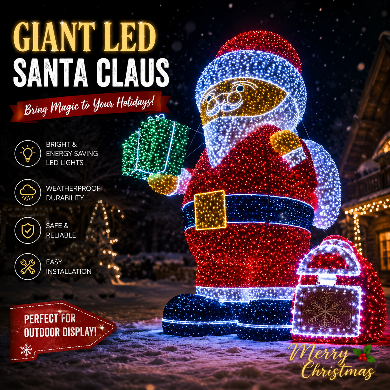 Commercial HolidayLighting Solutions Giant 3D LED Santa Claus with Gift Box | Monumental Outdoor Festive Sculpture