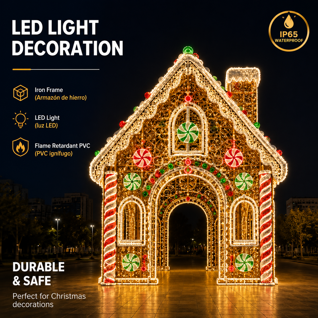 3m 4m 5m Commercial Walk-Through Gingerbread House | Giant Outdoor 3D Candy Pavilion Light for City Holiday Displays