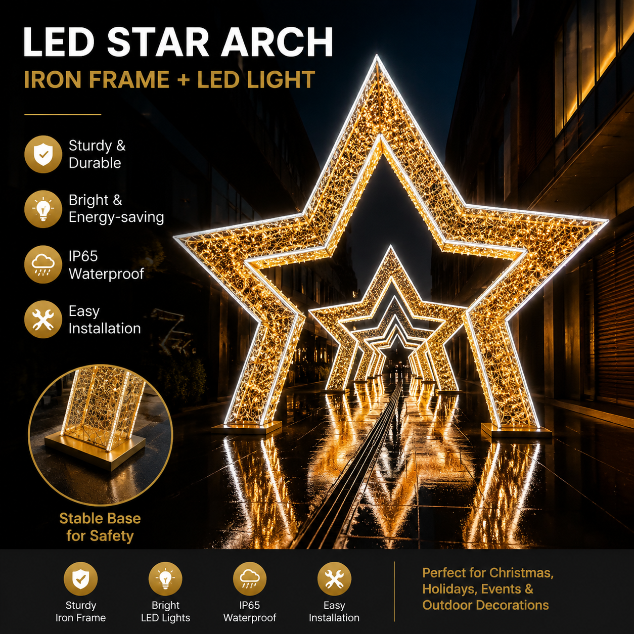 Commercial Holiday Lighting Solutions Walk-Through 3D LED Star Arch Style 4 | Premium Golden Five-Point Celestial Plaza Gateway Landmark