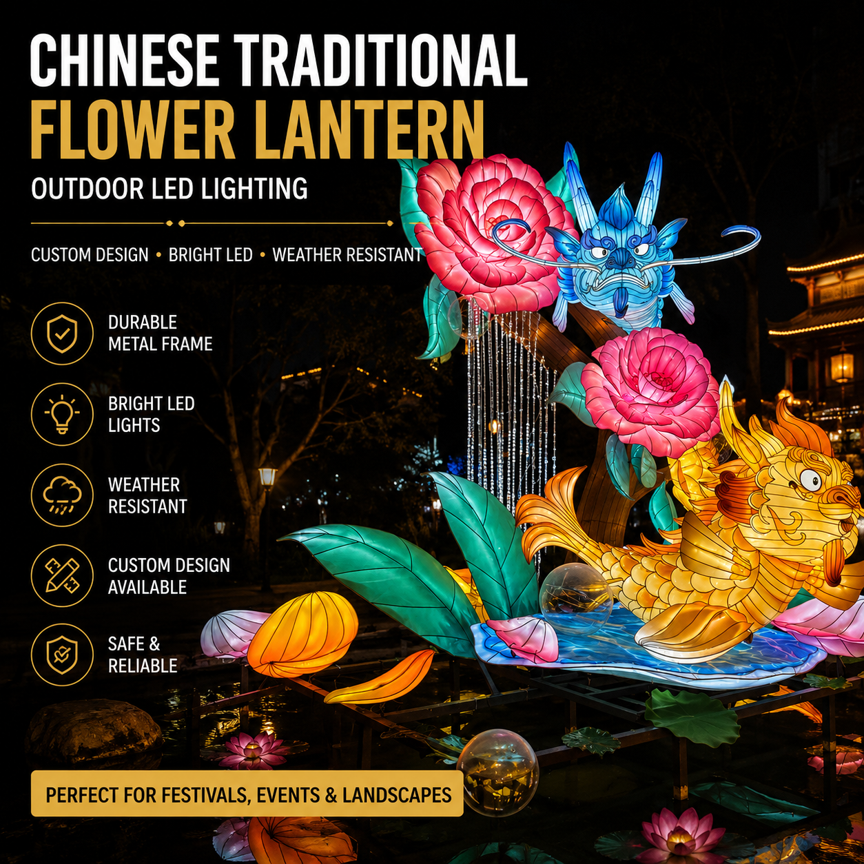 Handcrafted Mythical Dragon & Floral Lantern | Bespoke Outdoor Festival Illumination