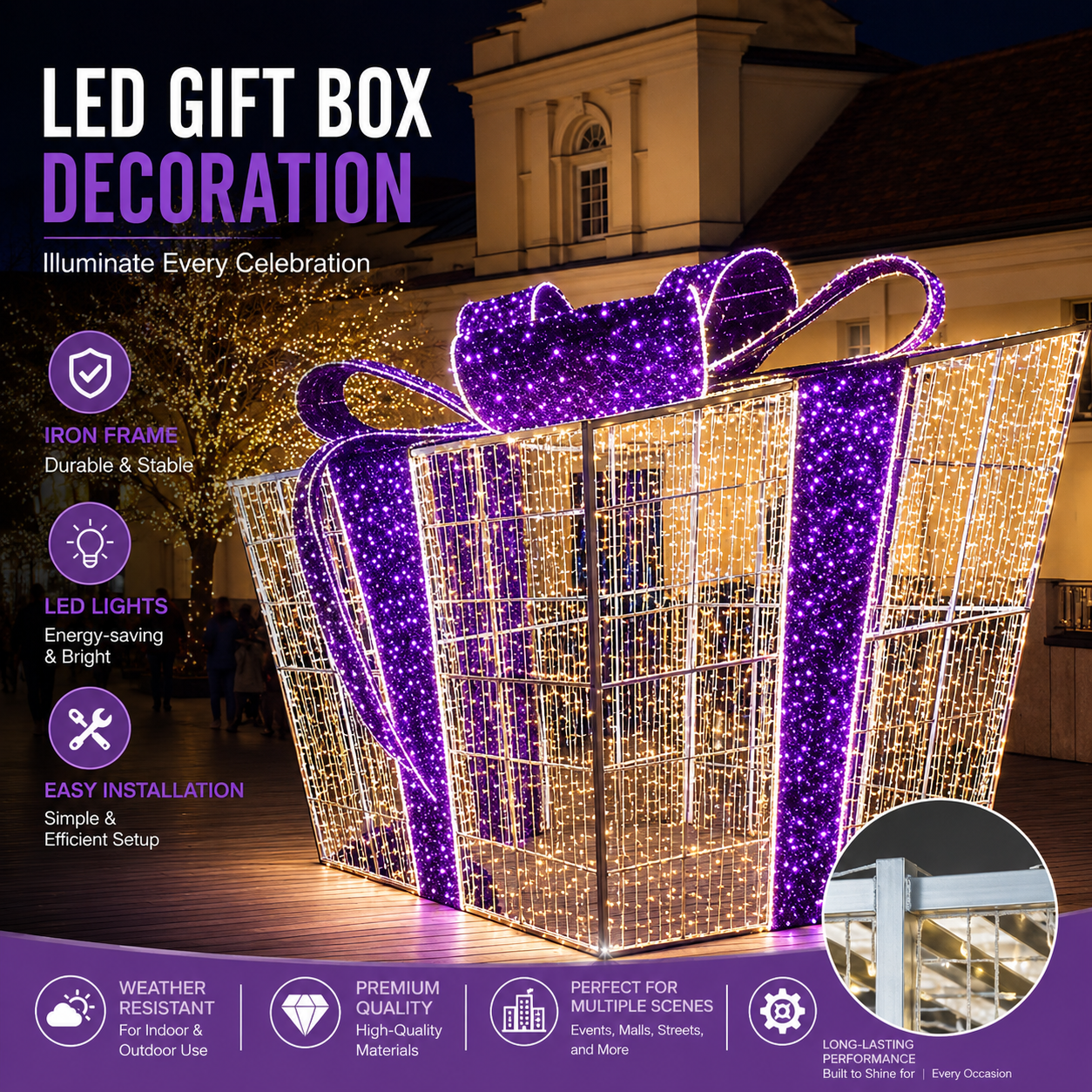 Commercial Holiday Lighting Solutions 3D LED Regal Purple & Warm White Gateway | Premium Giant Walk-Through Present Motif