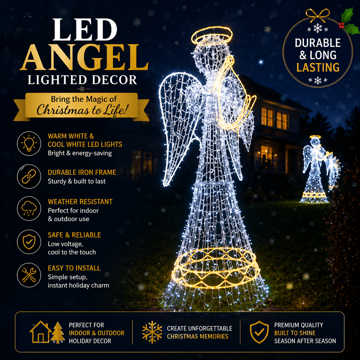 Commercial Holiday Lighting Solutions 3D LED Illuminated Angel Motif | Premium Outdoor Trumpeting Angel Holiday Centerpiece