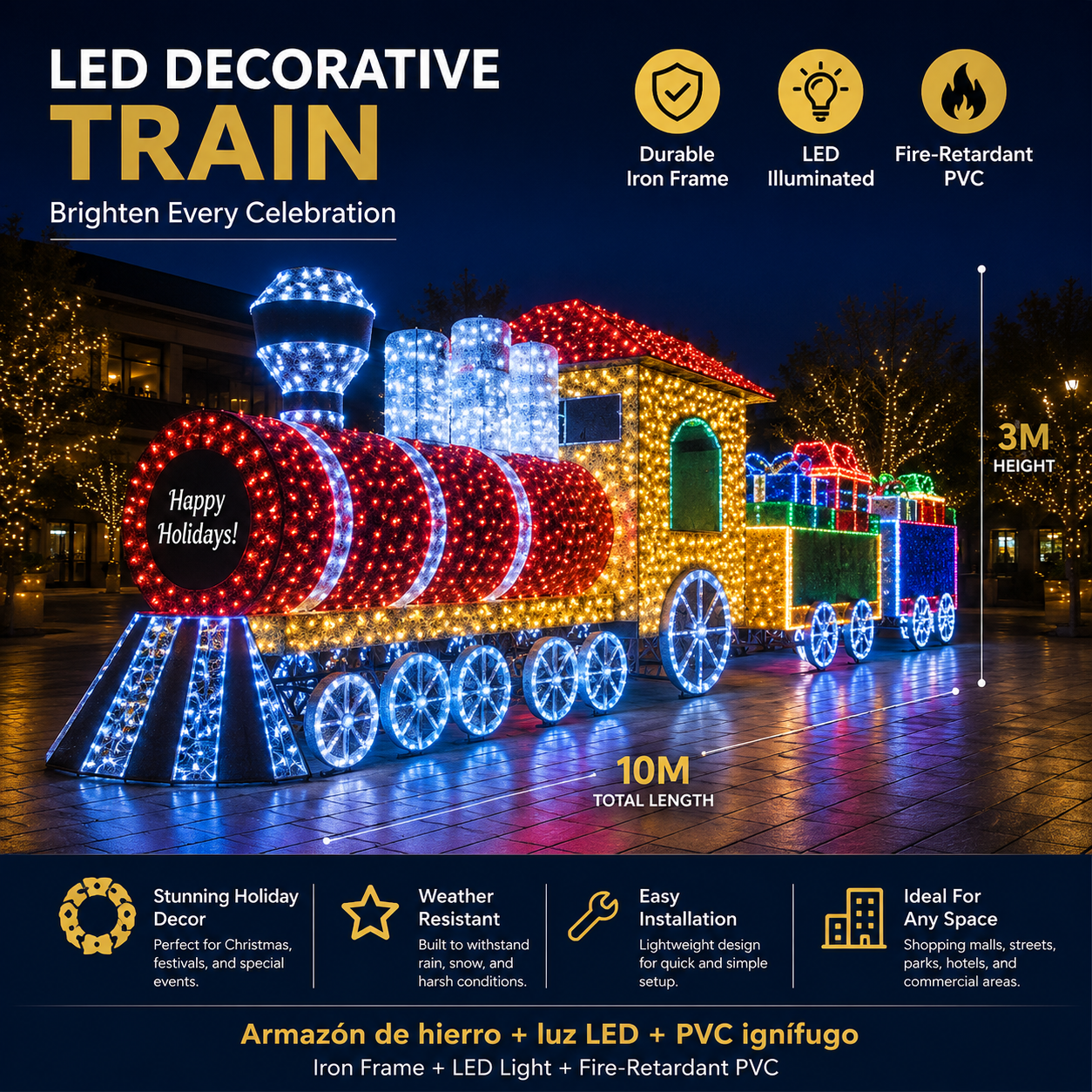 Commercial Holiday Lighting Solutions Giant 3D LED Decorative Train Display | Premium 10-Meter Holiday Express Plaza Landscape Landmark