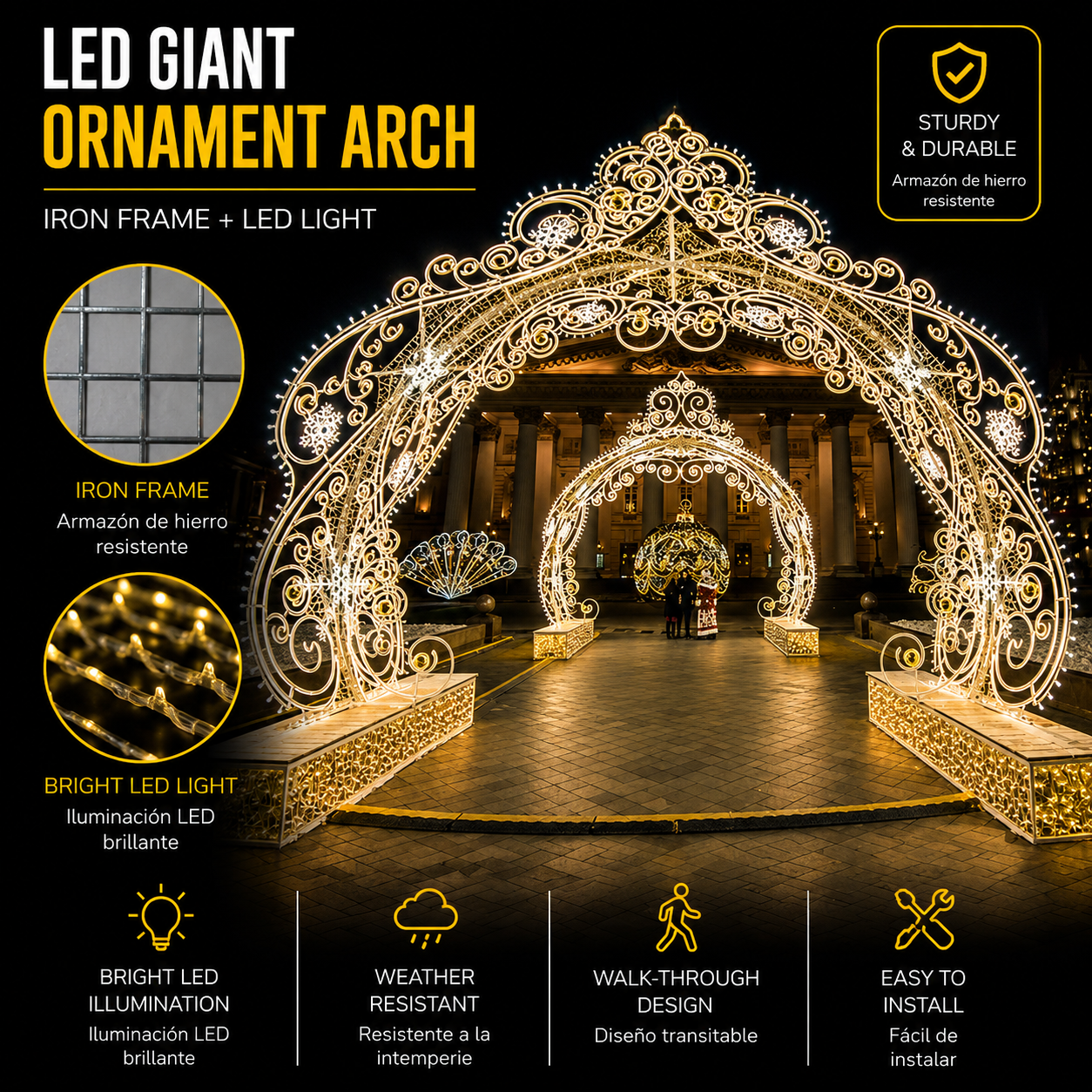Commercial Holiday Lighting Solutions Walk-Through 3D LED Baroque Palace Arch | Premium Giant Filigree Regal Gateway Landmark