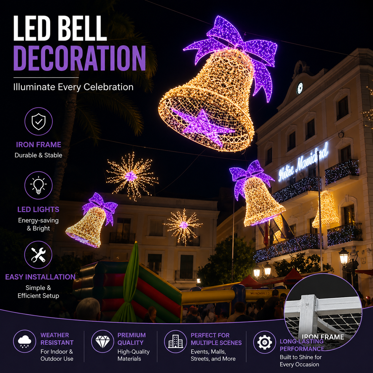 Commercial Holiday Lighting Solutions Hanging 3D LED Christmas Bell Motif | Premium Overhead Street & Plaza Illumination