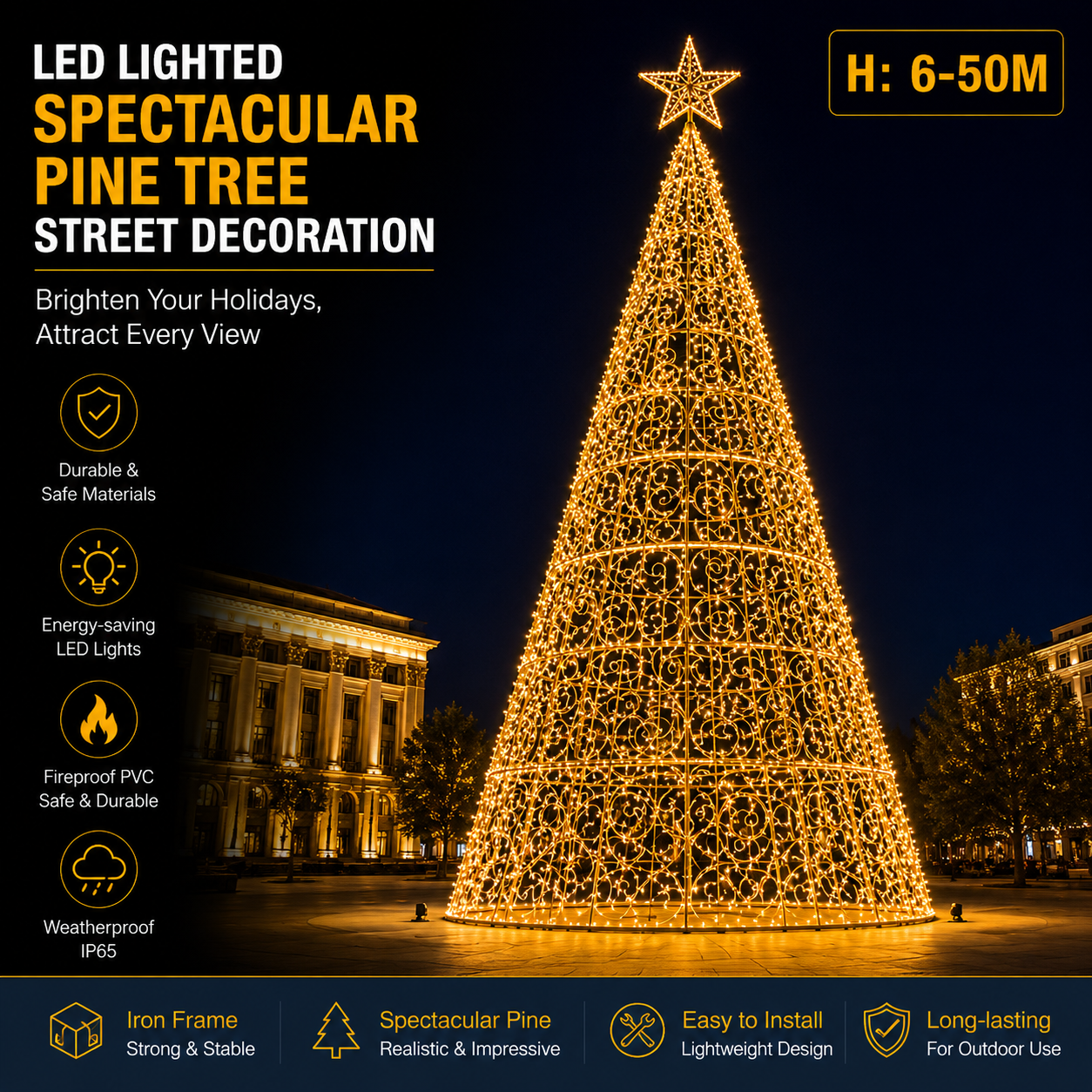 Commercial Holiday Lighting Solutions | Master-Series Giant Golden Motif Tower for City Decorations