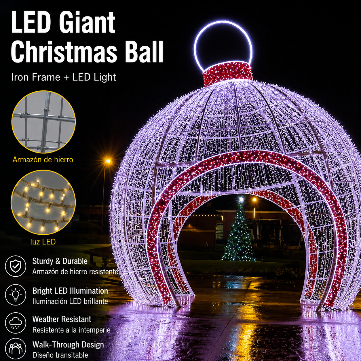 Commercial Holiday Lighting Solutions Walk-Through 3D LED Purple Christmas Ball | Premium Giant Festive Bauble Tunnel Landmark