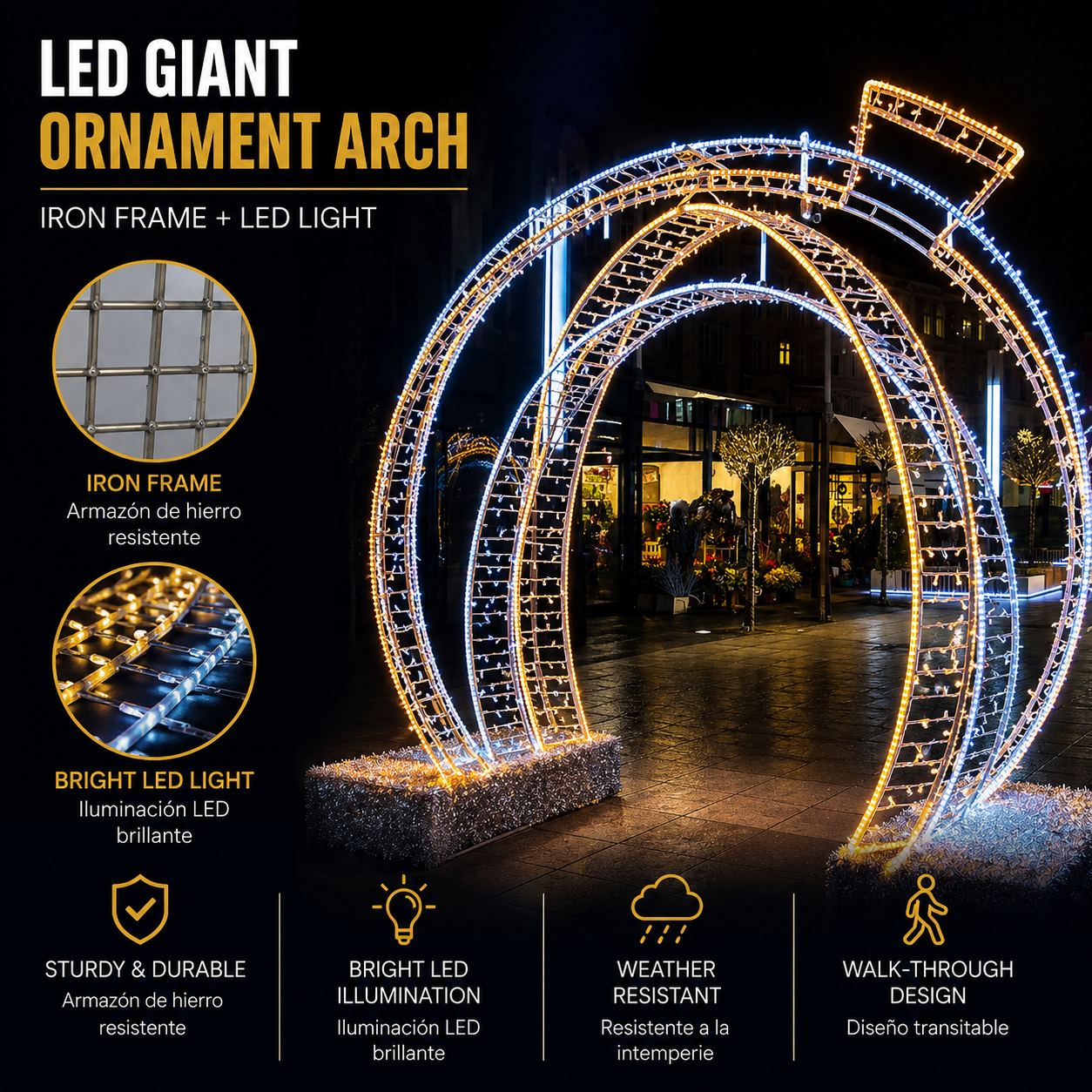 Commercial Holiday Lighting Solutions Walk-Through 3D LED Ornament Arch | Premium Giant Festive Bauble Gateway Landmark