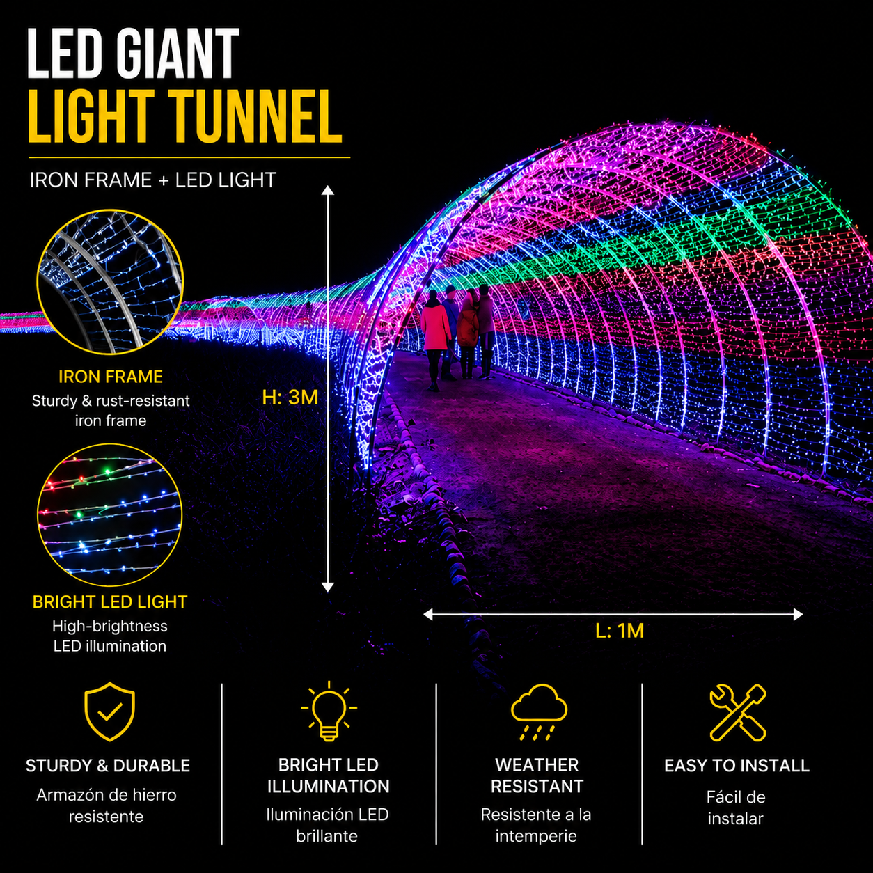 Commercial Holiday Lighting Solutions Walk-Through 3D LED Giant Light Tunnel | Premium Multi-Color Spiral Canopy Pathway Landmark