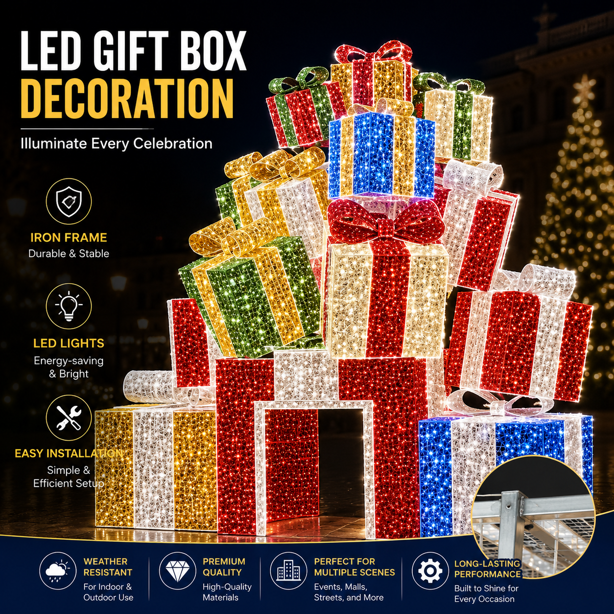 Commercial Holiday Lighting Solutions 3D LED Walk-Through Stacked Gift Box Tower | Premium Multicolor Present Pyramid Landmark